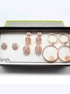 Bijoux Bar 3 Pair Rose Gold Tone Earrings Posts & Drops Crystal & MOP Gift Boxed